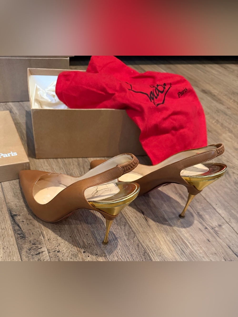 Christian Louboutin Tan Leather Pointed-Toe Slingback Pumps with Gold Heel - Picture 2 of 9